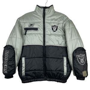 Reebok Oakland Raiders NFL Puffer Jacket Youth Junior Large Black Silver Vintage